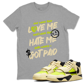 I Got Paid sneaker match t-shirt styled to complete your fit with the Jordan Jumpman Jack Travis Scott Bright Cactus sneakers, shown in Heather Grey 1.