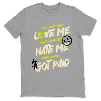 I Got Paid sneaker match t-shirt styled to complete your fit with the Jordan Jumpman Jack Travis Scott Bright Cactus sneakers, shown in Heather Grey 2.