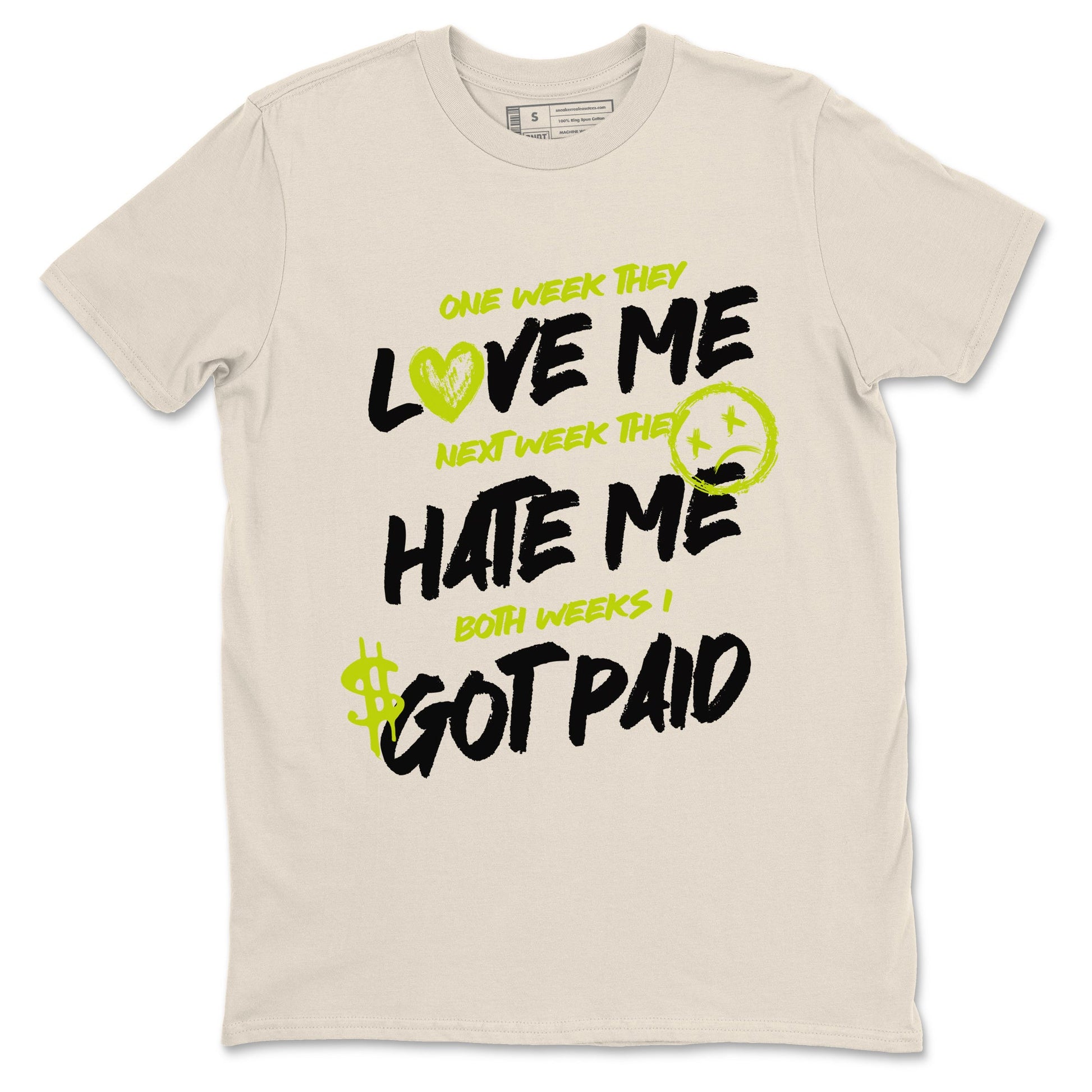 I Got Paid sneaker match t-shirt styled to complete your fit with the Jordan Jumpman Jack Travis Scott Bright Cactus sneakers, shown in Natural 2.