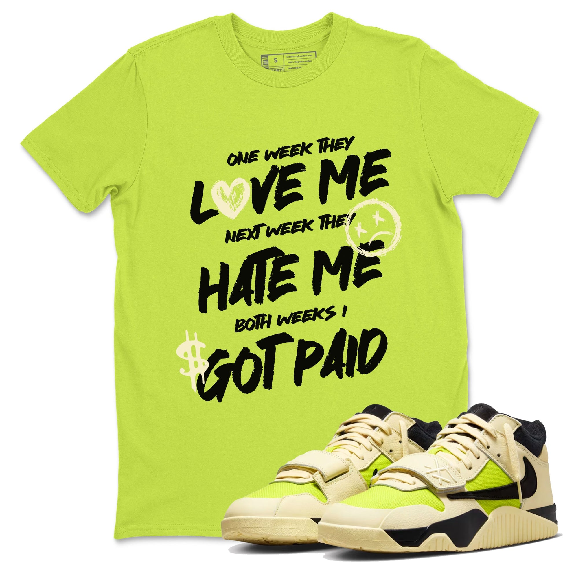 I Got Paid sneaker match t-shirt styled to complete your fit with the Jordan Jumpman Jack Travis Scott Bright Cactus sneakers, shown in Safety Green 1.