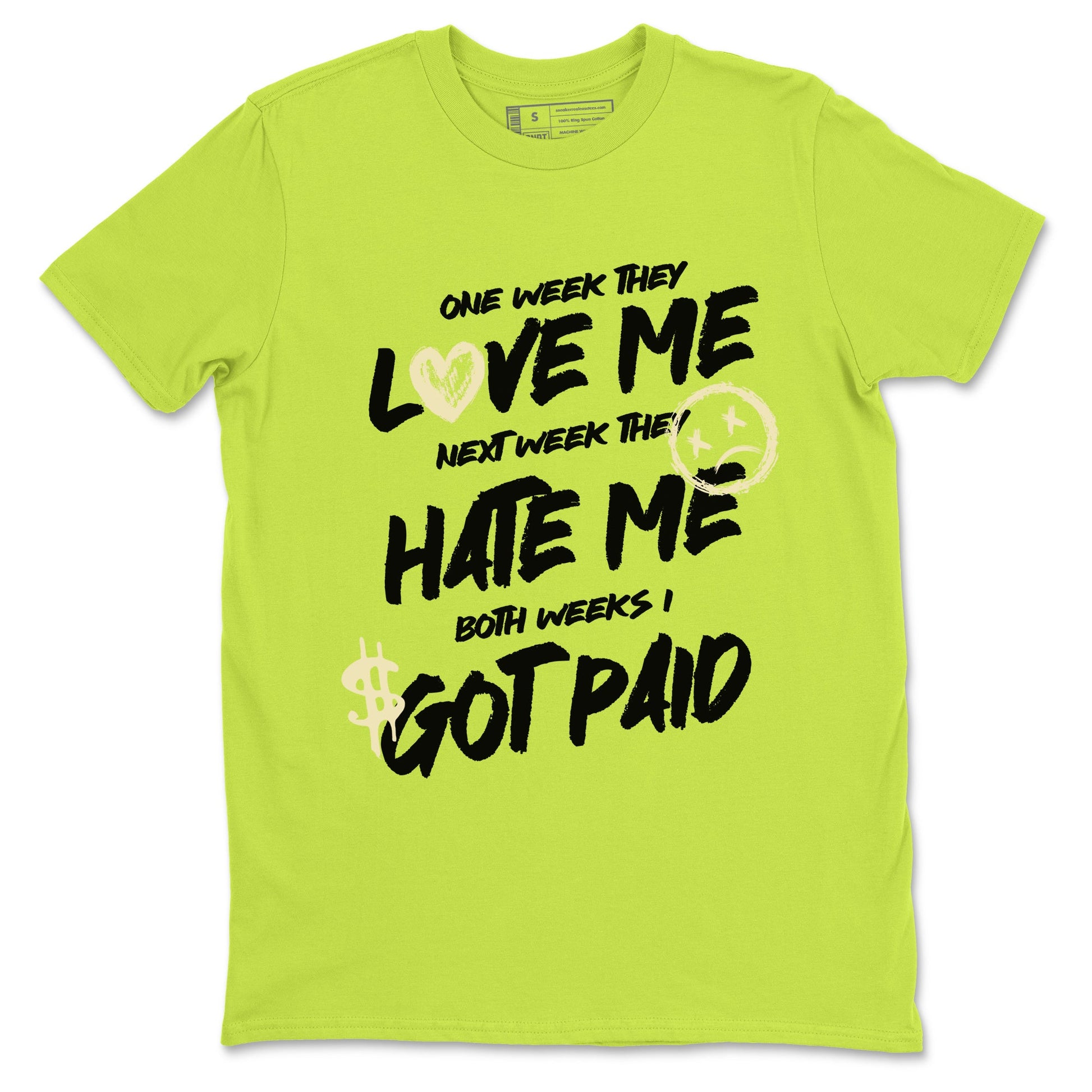 I Got Paid sneaker match t-shirt styled to complete your fit with the Jordan Jumpman Jack Travis Scott Bright Cactus sneakers, shown in Safety Green 2.