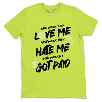 I Got Paid sneaker match t-shirt styled to complete your fit with the Jordan Jumpman Jack Travis Scott Bright Cactus sneakers, shown in Safety Green 2.