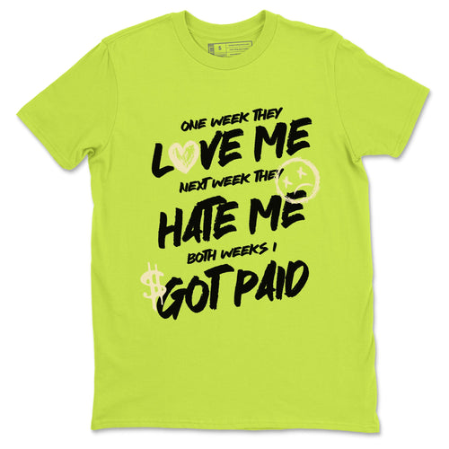 I Got Paid sneaker match t-shirt styled to complete your fit with the Jordan Jumpman Jack Travis Scott Bright Cactus sneakers, shown in Safety Green 2.