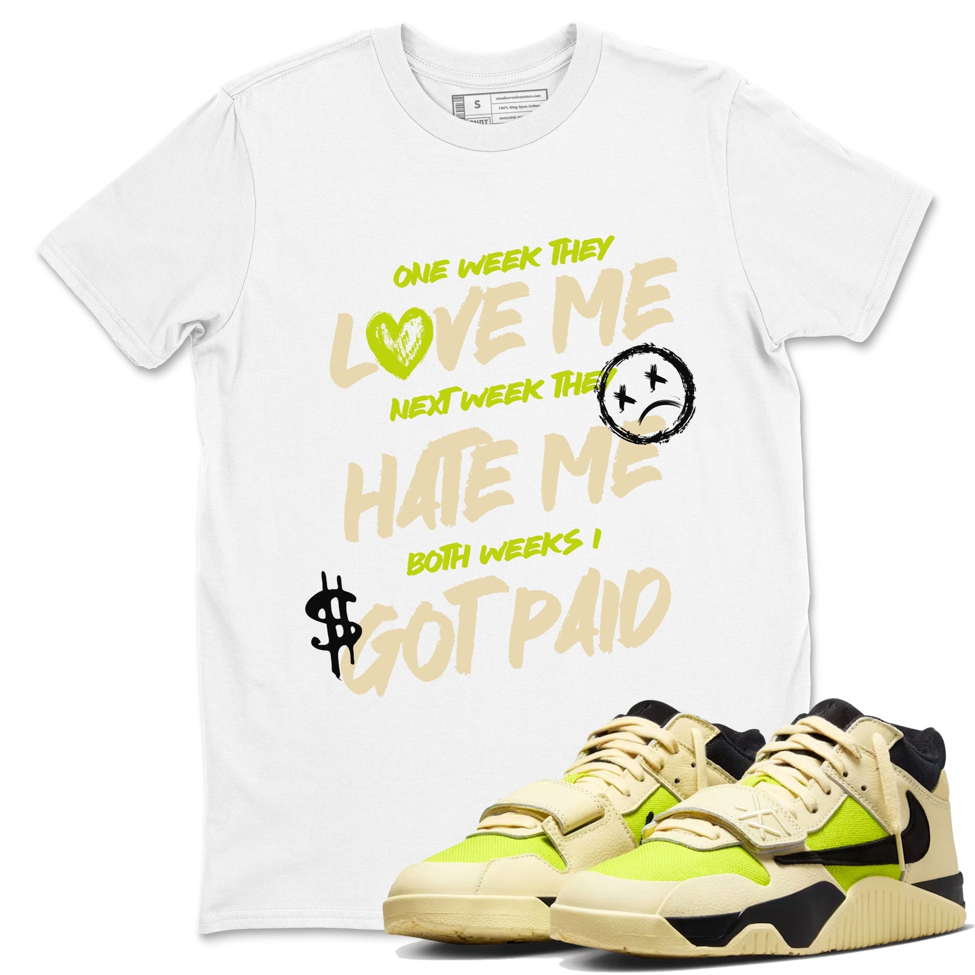 I Got Paid sneaker match t-shirt styled to complete your fit with the Jordan Jumpman Jack Travis Scott Bright Cactus sneakers, shown in White 1.
