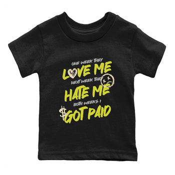 I Got Paid baby and kids t-shirt crafted for little sneakerheads to shine with the Air Max 90 Cyber sneakers, displayed in Black 2.