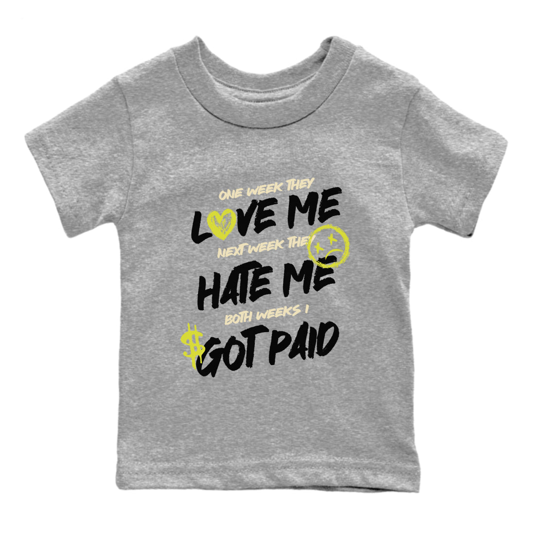 I Got Paid baby and kids t-shirt crafted for little sneakerheads to shine with the Air Max 90 Cyber sneakers, displayed in Heather Grey 2.
