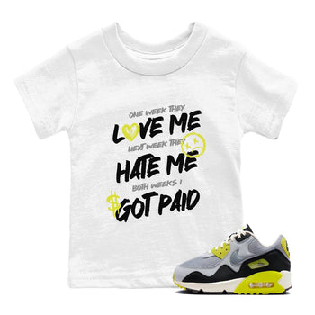 I Got Paid baby and kids t-shirt crafted for little sneakerheads to shine with the Air Max 90 Cyber sneakers, displayed in White 1.