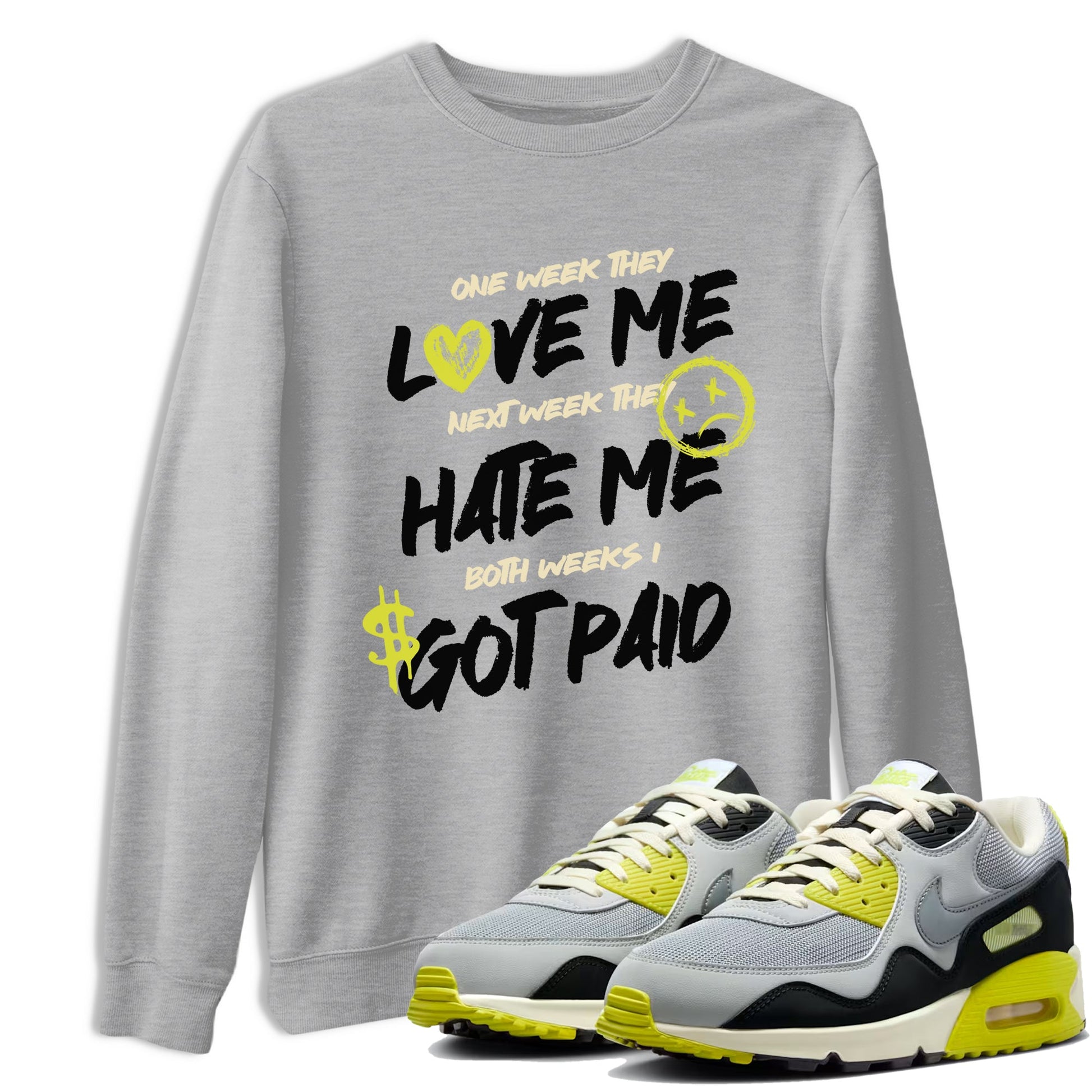 I Got Paid sneaker match t-shirt styled to complete your fit with the Air Max 90 Cyber sneakers, shown in Heather Grey 1.