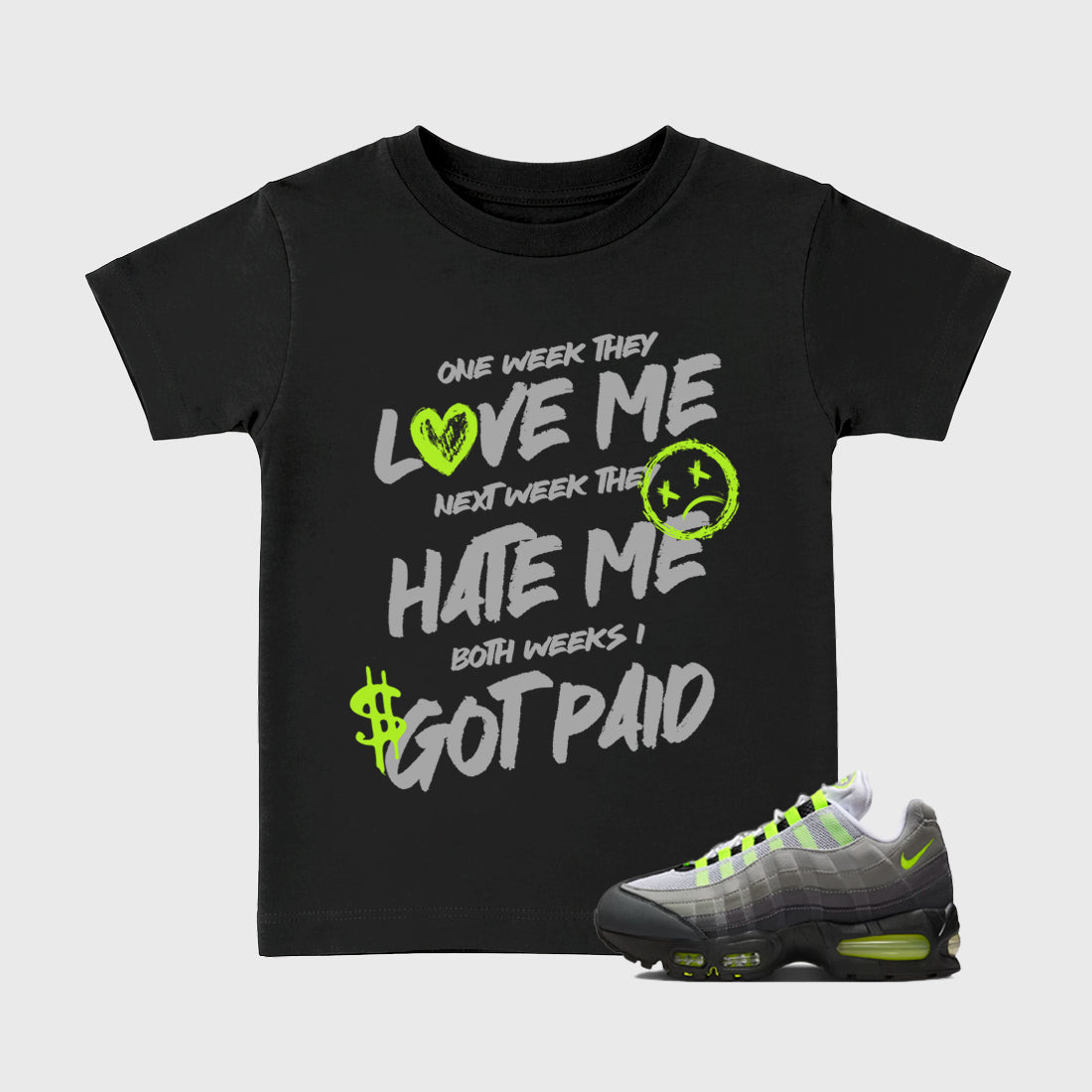 Sneakerfit graphic tee destination – Sneaker Tees To Match Air Max 95 Neon Yellow Sneakers – I Got Paid Kids T-Shirt Black 1