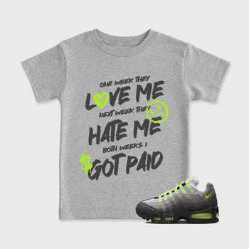 Sneakerfit graphic tee destination – Sneaker Tees To Match Air Max 95 Neon Yellow Sneakers – I Got Paid Kids T-Shirt Heather Grey 1
