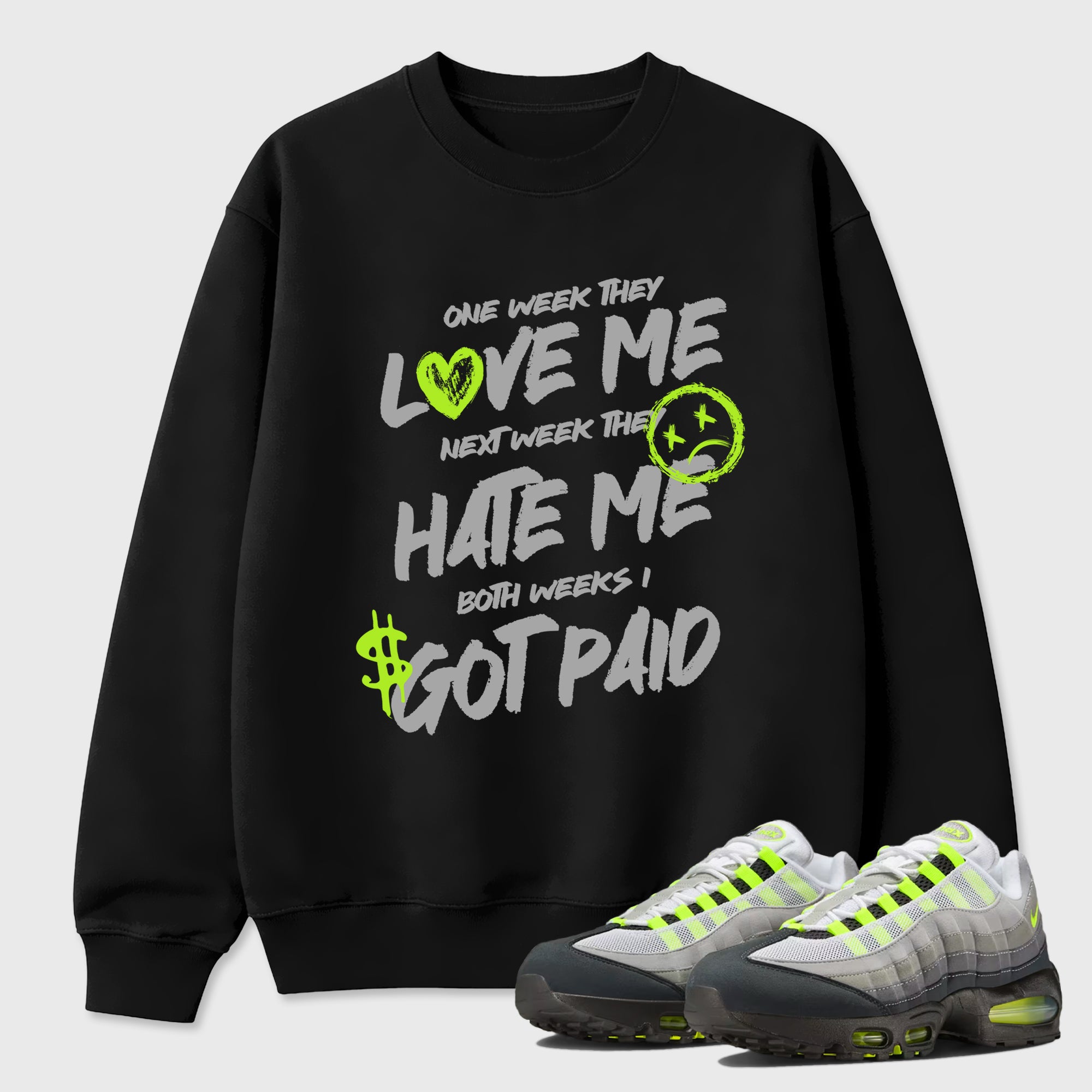 Sneakerfit graphic tee destination – Sneaker Tees To Match Air Max 95 Neon Yellow Sneakers – I Got Paid Tee Black 1