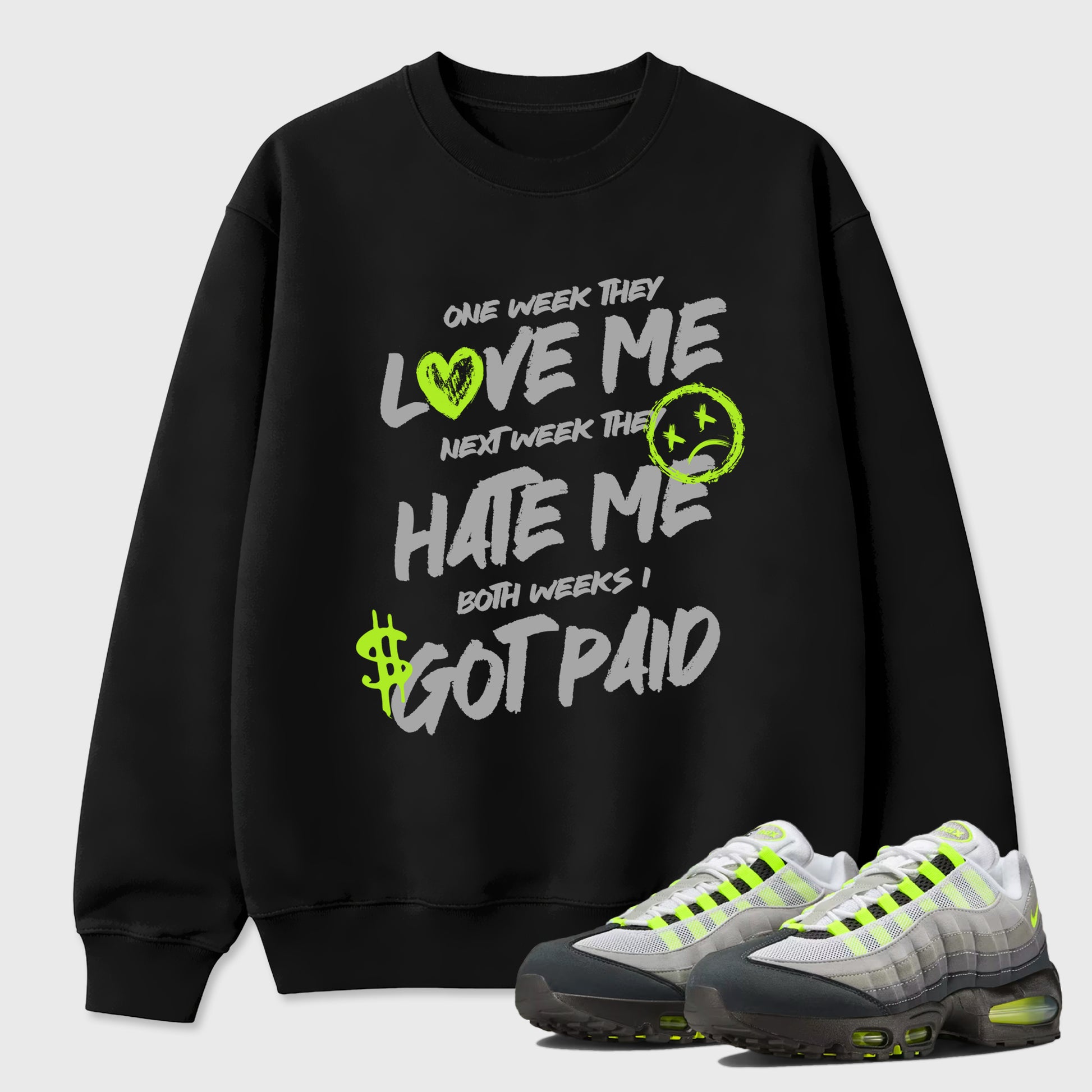 Sneakerfit graphic tee destination – Sneaker Tees To Match Air Max 95 Neon Yellow Sneakers – I Got Paid Tee Black 1
