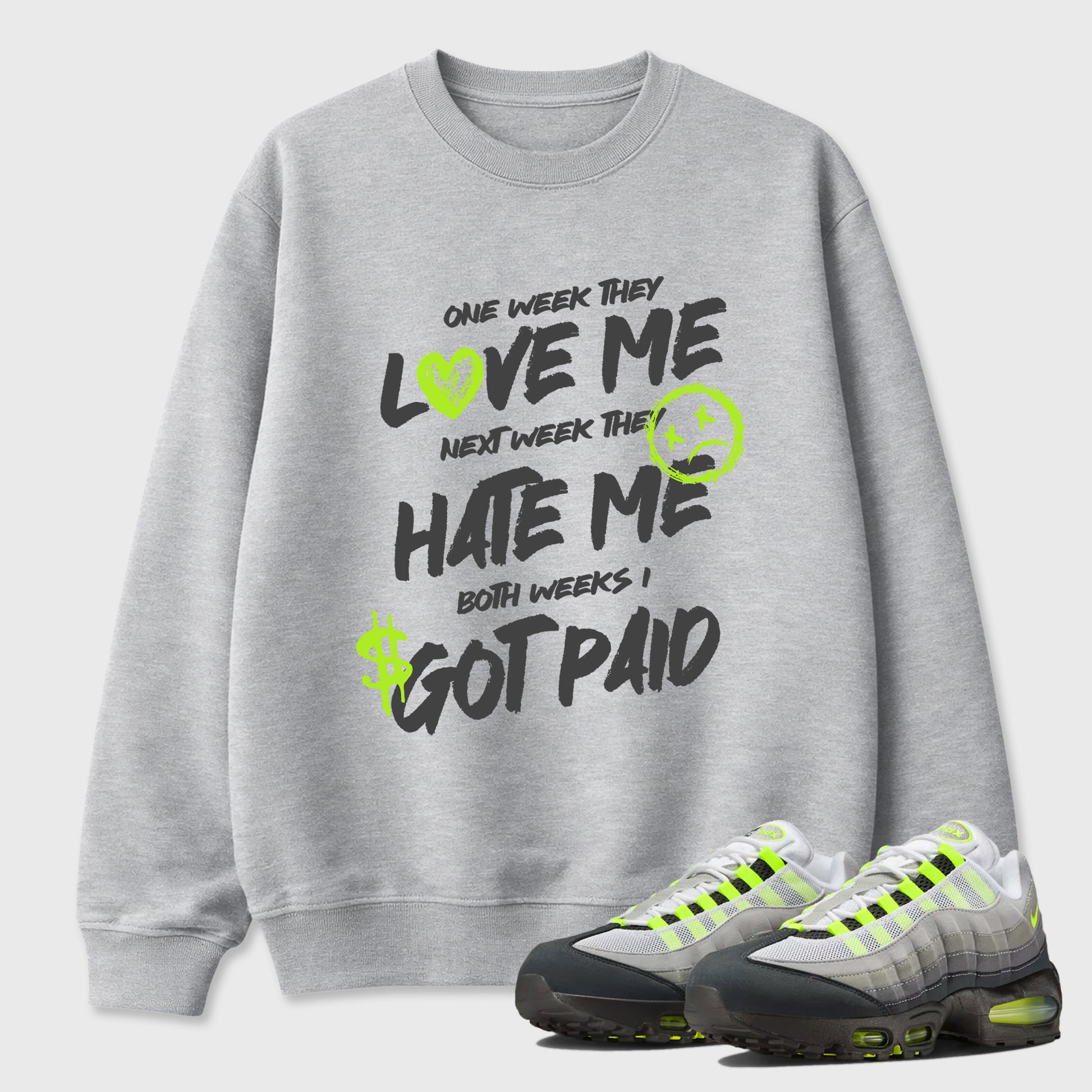Sneakerfit graphic tee destination – Sneaker Tees To Match Air Max 95 Neon Yellow Sneakers – I Got Paid Tee Heather Grey 1
