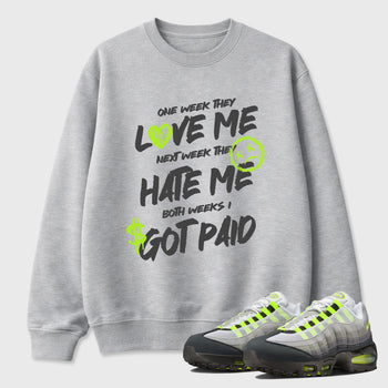 Sneakerfit graphic tee destination – Sneaker Tees To Match Air Max 95 Neon Yellow Sneakers – I Got Paid Tee Heather Grey 1