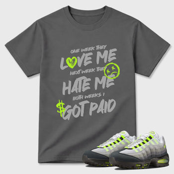 Sneakerfit graphic tee destination – Sneaker Tees To Match Air Max 95 Neon Yellow Sneakers – I Got Paid Tee Cool Grey 1