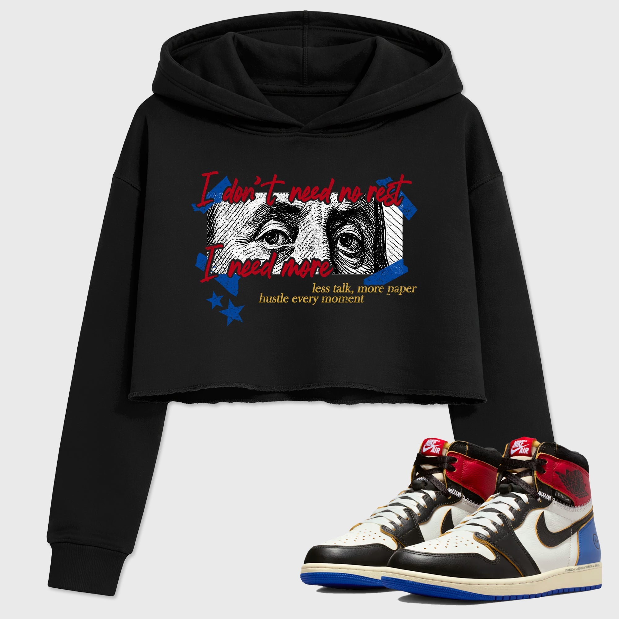 Sneaker match tees – Sneaker Tees To Match Air Jordan 1 Union x Fragment Shoes – I Need More Crop T-Shirt Black 1