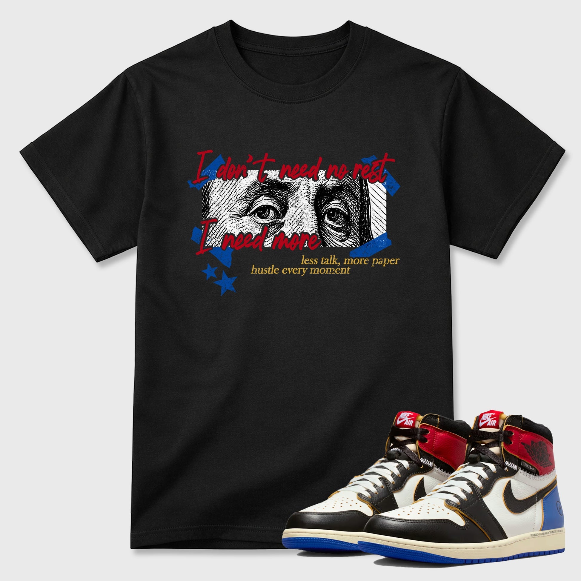 Sneaker match tees – Sneaker Tees To Match Air Jordan 1 Union x Fragment Shoes – I Need More Tee Black 1
