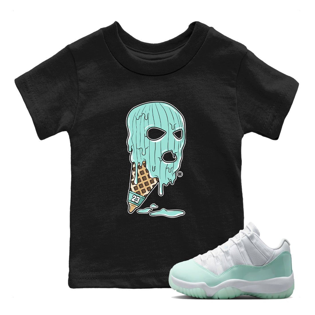 Ice Cream Mask baby and kids t-shirt crafted for little sneakerheads to shine with the Air Jordan 11 Igloo sneakers, displayed in Black 1.