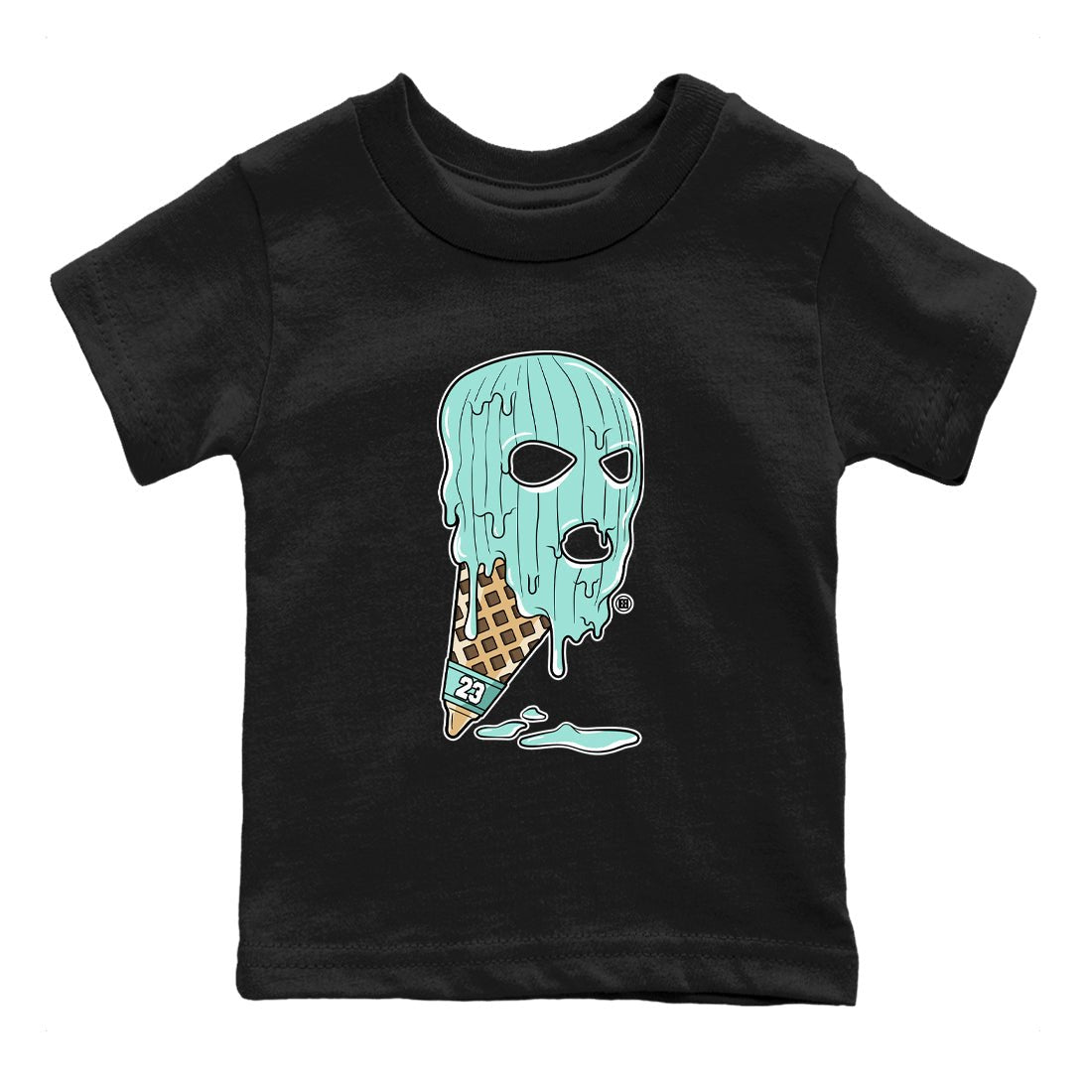 Ice Cream Mask baby and kids t-shirt crafted for little sneakerheads to shine with the Air Jordan 11 Igloo sneakers, displayed in Black 2.