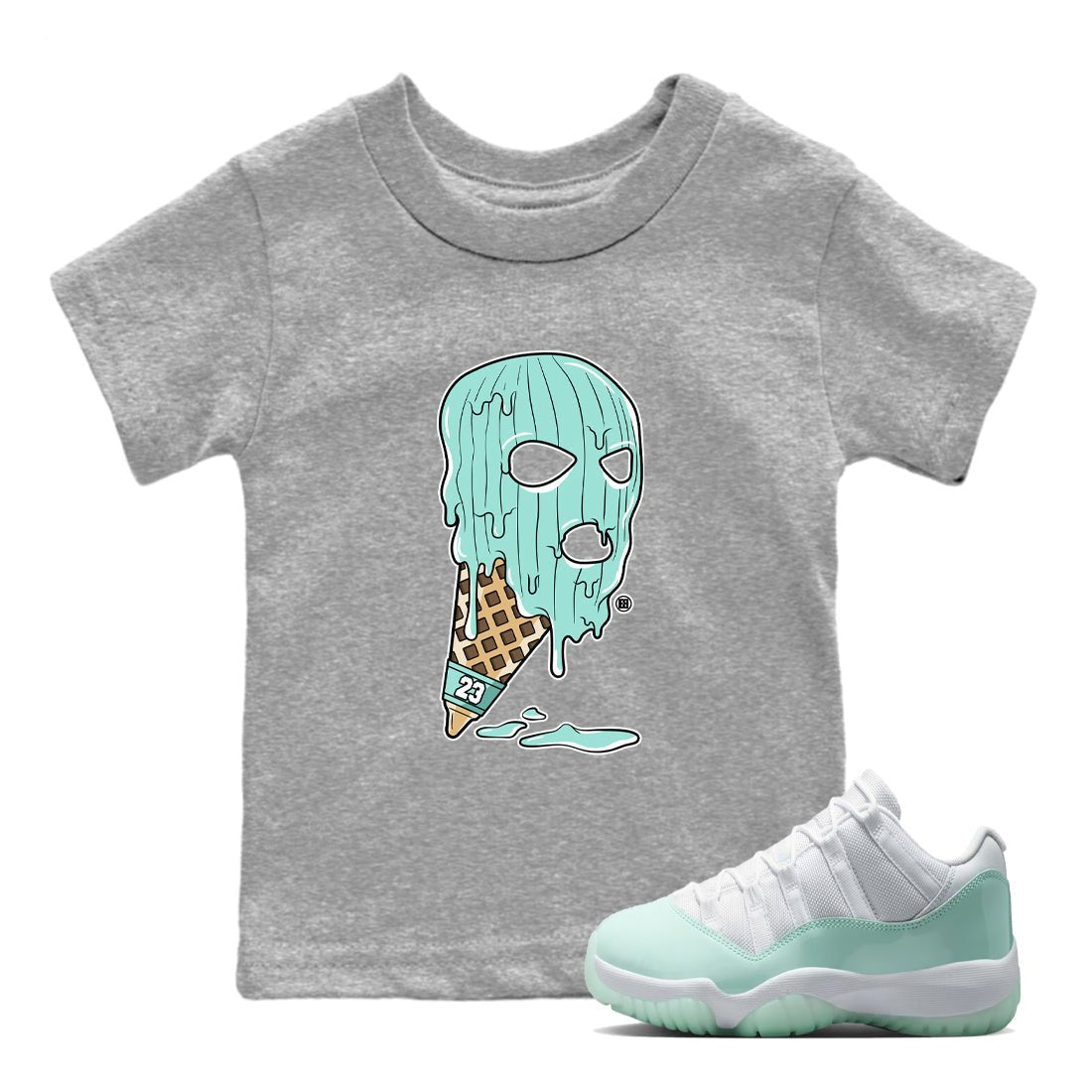 Ice Cream Mask baby and kids t-shirt crafted for little sneakerheads to shine with the Air Jordan 11 Igloo sneakers, displayed in Heather Grey 1.