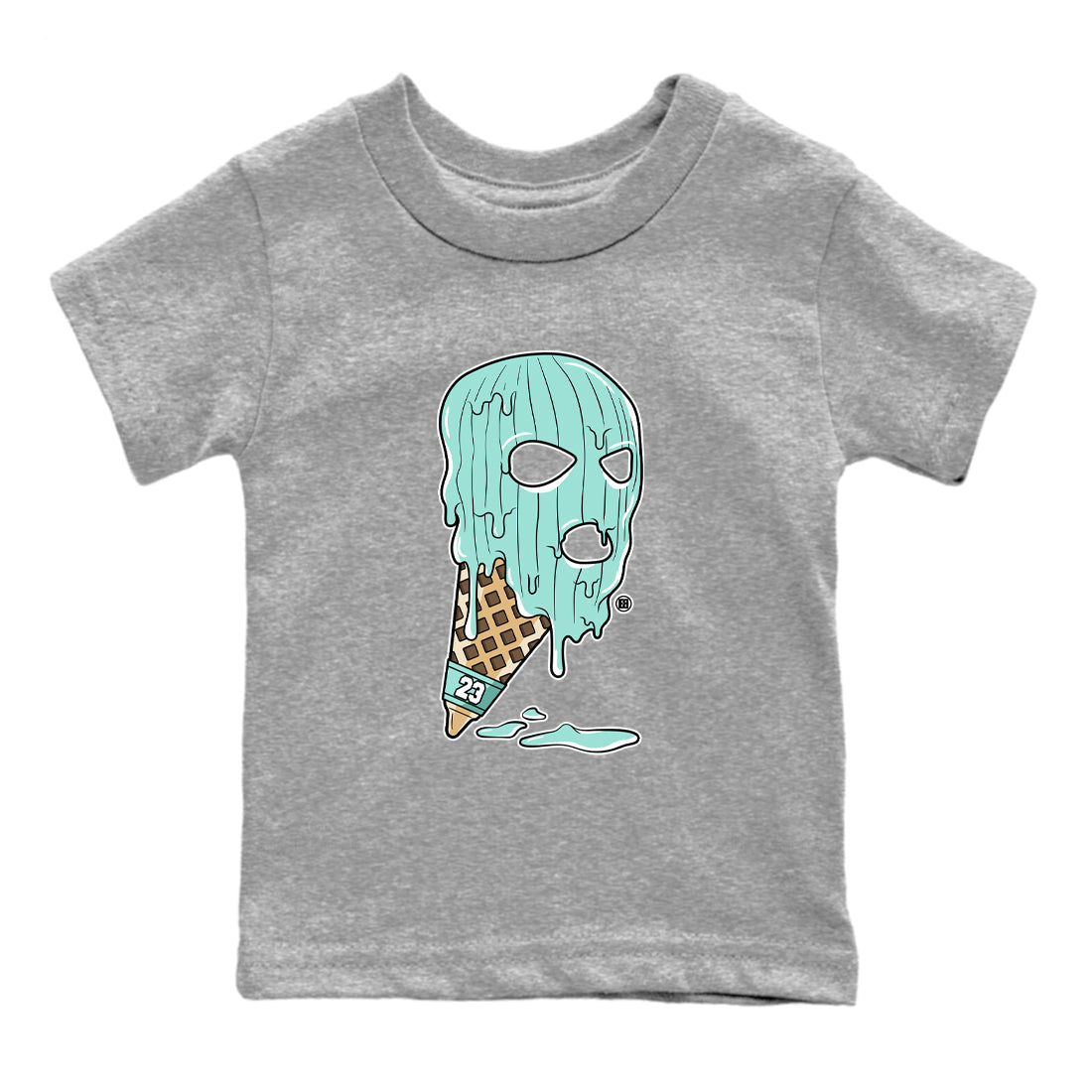 Ice Cream Mask baby and kids t-shirt crafted for little sneakerheads to shine with the Air Jordan 11 Igloo sneakers, displayed in Heather Grey 2.