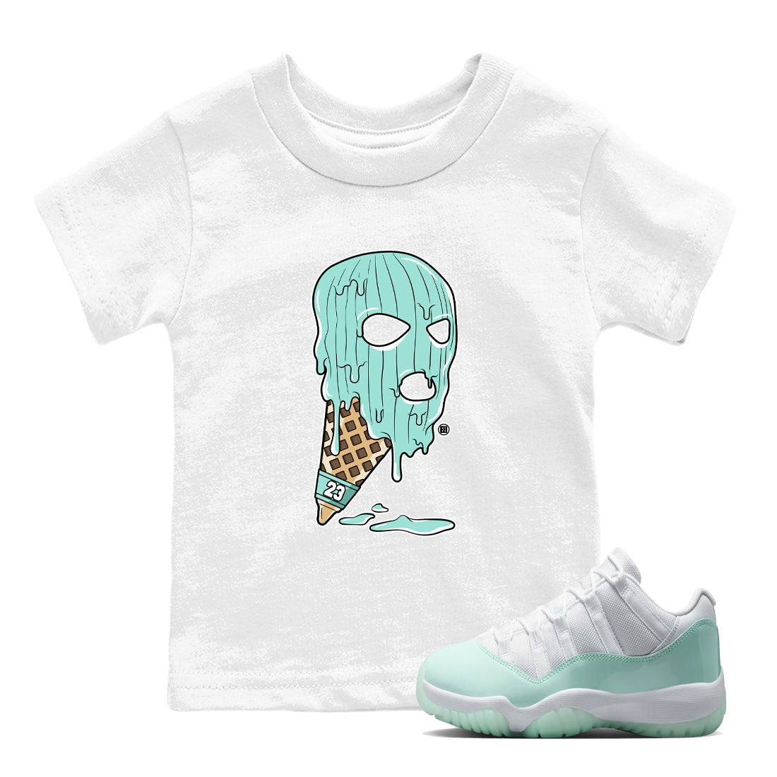Ice Cream Mask baby and kids t-shirt crafted for little sneakerheads to shine with the Air Jordan 11 Igloo sneakers, displayed in White 1.