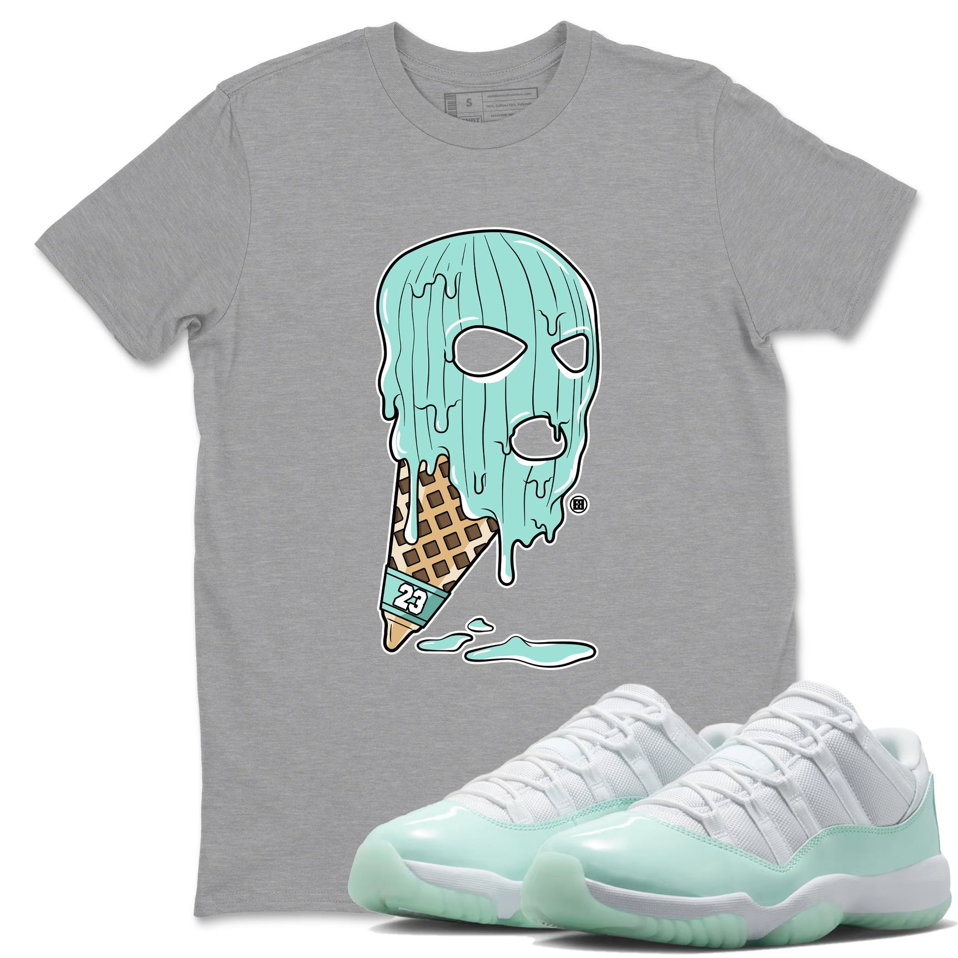 Ice Cream Mask sneaker match t-shirt styled to complete your fit with the Air Jordan 11 Igloo sneakers, shown in Heather Grey 1.