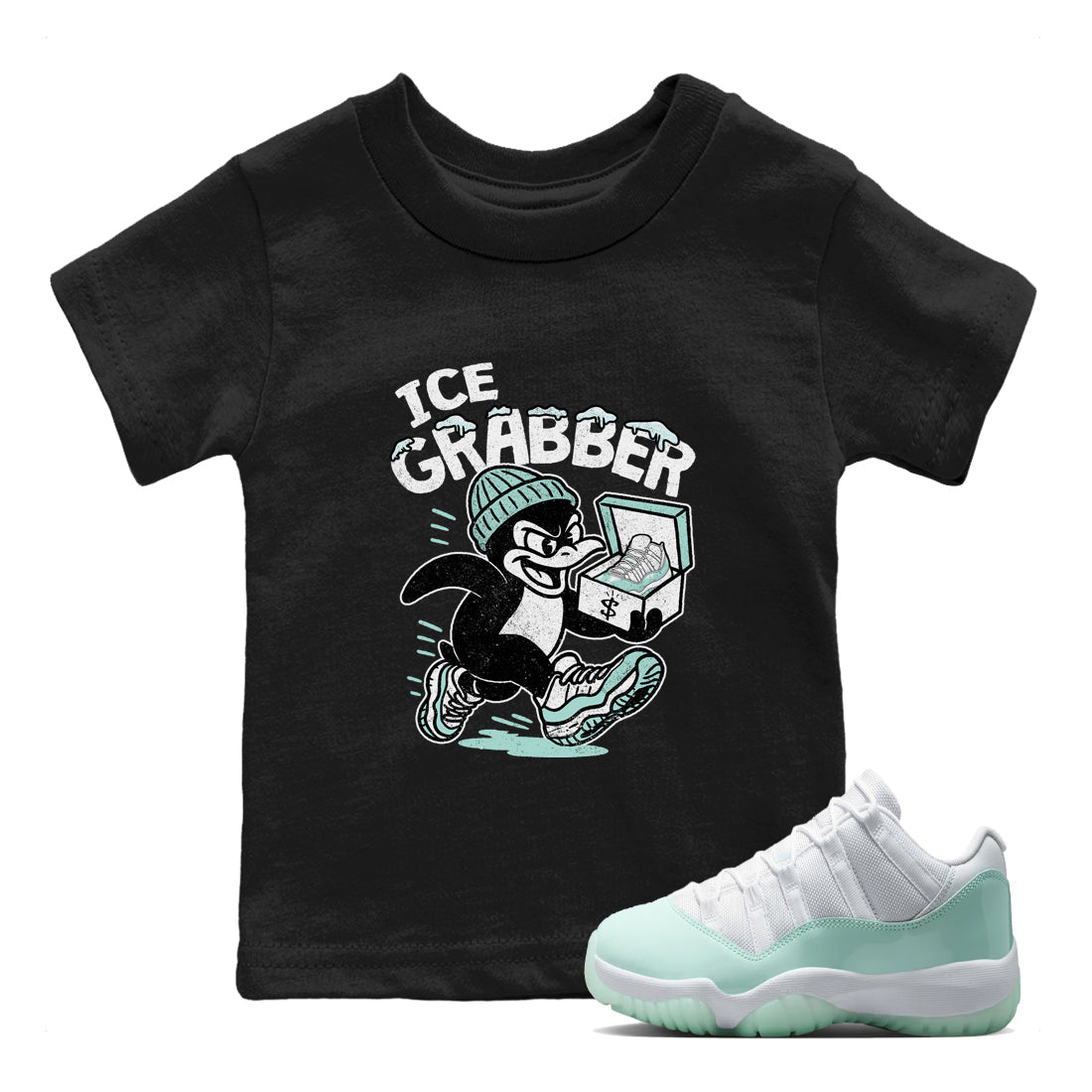Ice Grabber baby and kids t-shirt crafted for little sneakerheads to shine with the Air Jordan 11 Igloo sneakers, displayed in Black 1.
