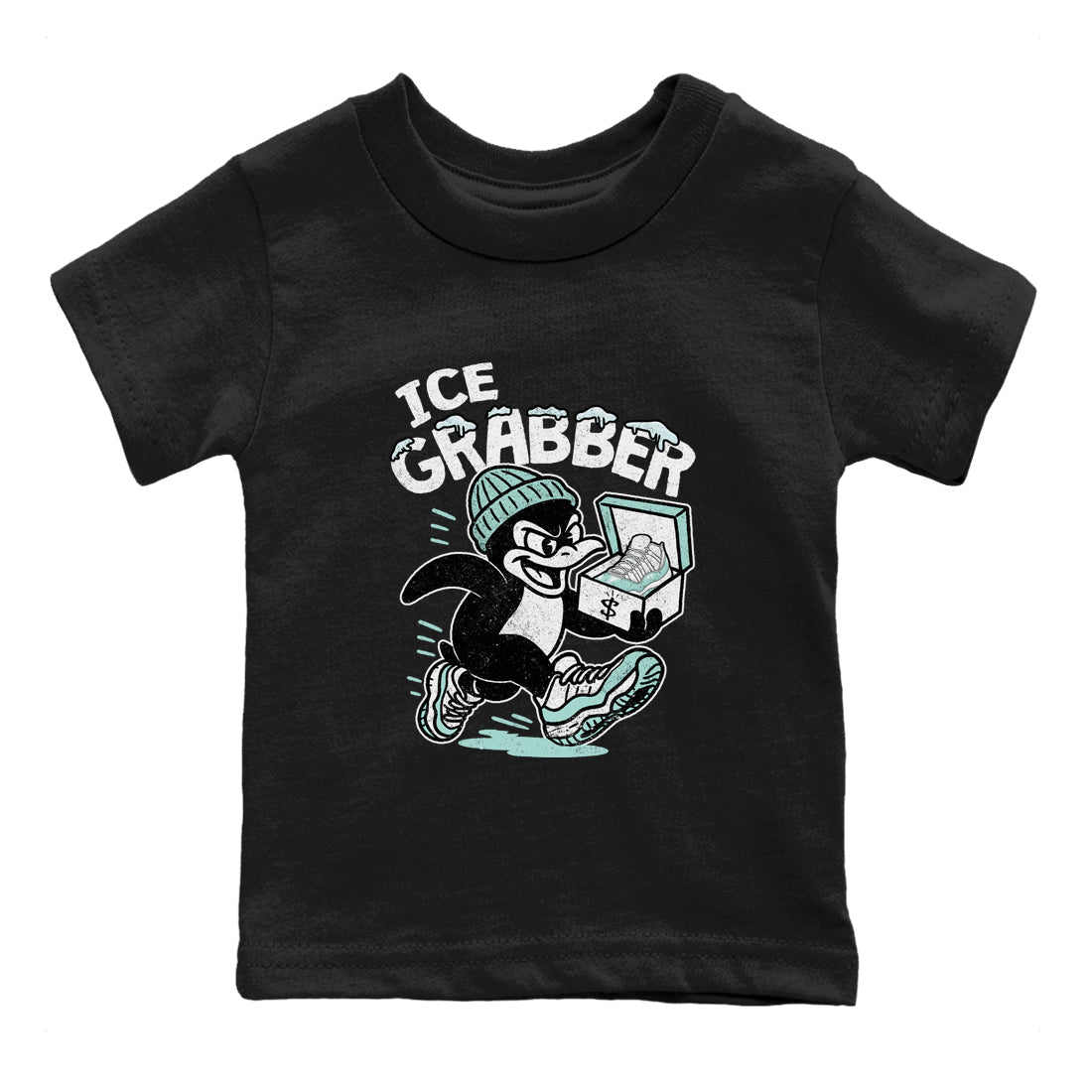 Ice Grabber baby and kids t-shirt crafted for little sneakerheads to shine with the Air Jordan 11 Igloo sneakers, displayed in Black 2.