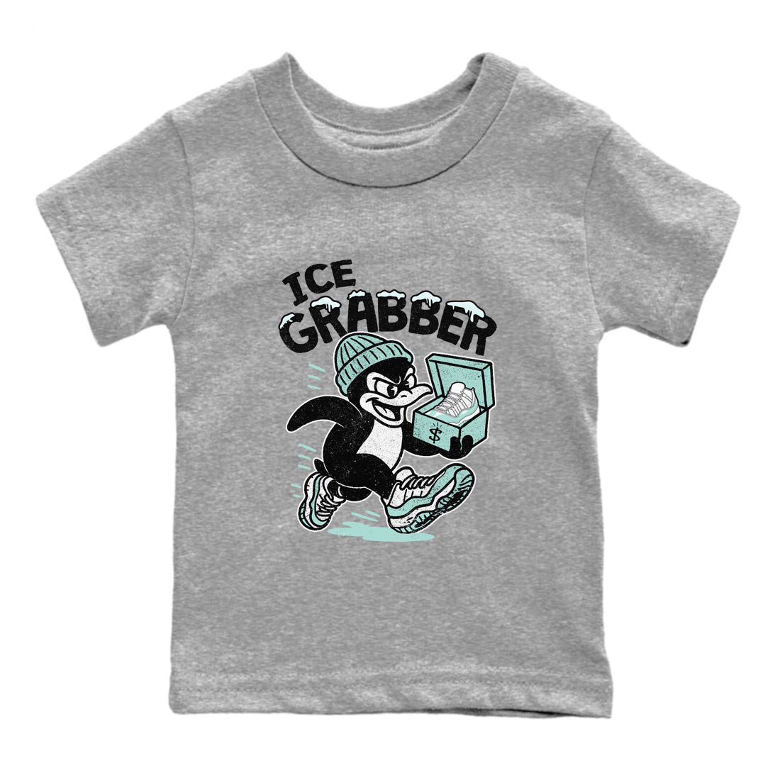 Ice Grabber baby and kids t-shirt crafted for little sneakerheads to shine with the Air Jordan 11 Igloo sneakers, displayed in Heather Grey 2.