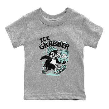 Ice Grabber baby and kids t-shirt crafted for little sneakerheads to shine with the Air Jordan 11 Igloo sneakers, displayed in Heather Grey 2.