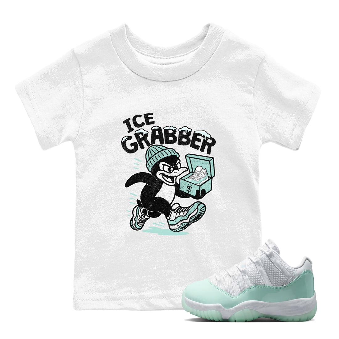 Ice Grabber baby and kids t-shirt crafted for little sneakerheads to shine with the Air Jordan 11 Igloo sneakers, displayed in White 1.