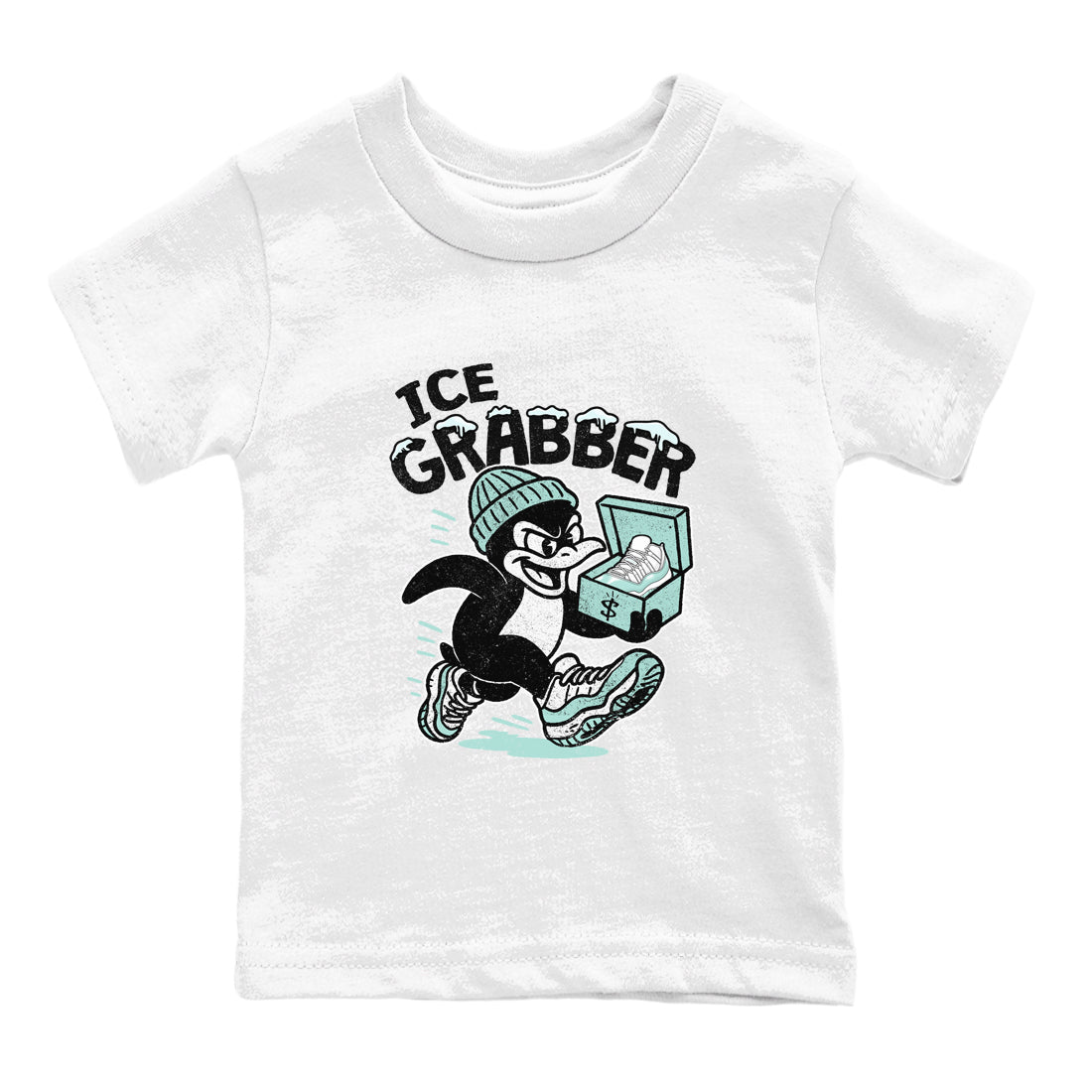 Ice Grabber baby and kids t-shirt crafted for little sneakerheads to shine with the Air Jordan 11 Igloo sneakers, displayed in White 2.
