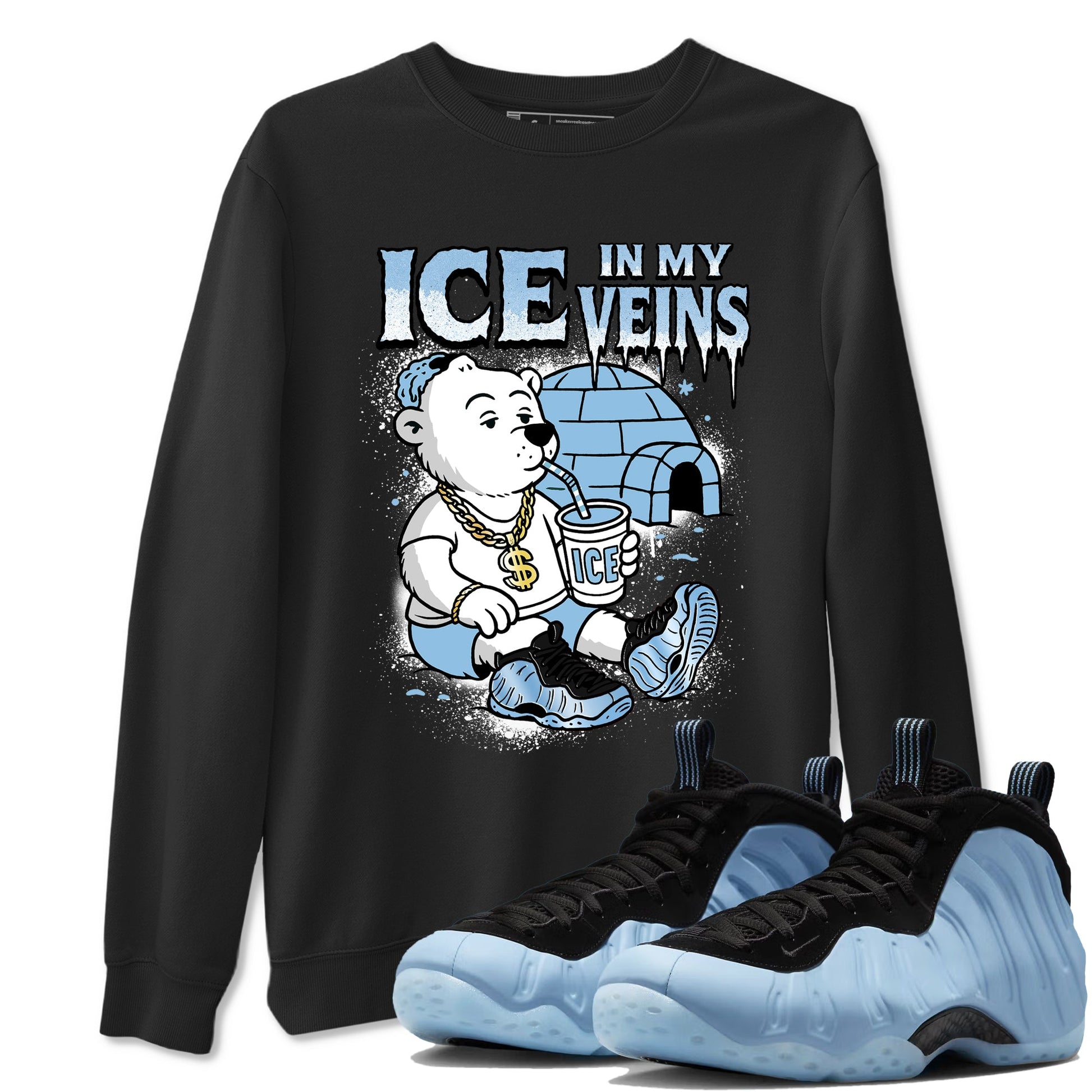 Ice In My Veins sneaker match t-shirt styled to complete your fit with the Air Foamposite One Psychic Blue sneakers, shown in Black 1.