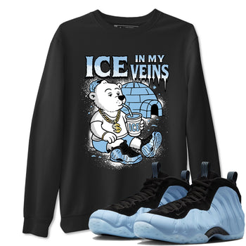 Ice In My Veins sneaker match t-shirt styled to complete your fit with the Air Foamposite One Psychic Blue sneakers, shown in Black 1.
