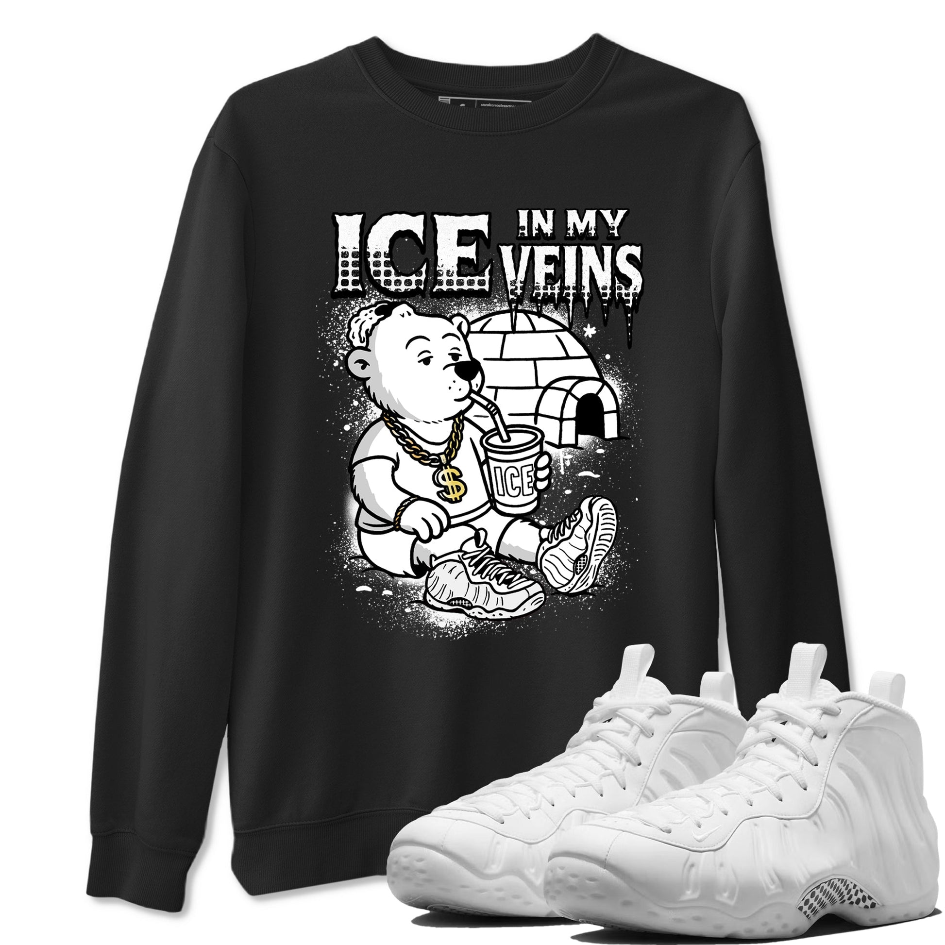 Ice In My Veins sneaker match t-shirt styled to complete your fit with the Air Foamposite One Triple White sneakers, graphic shirts in Black 1.
