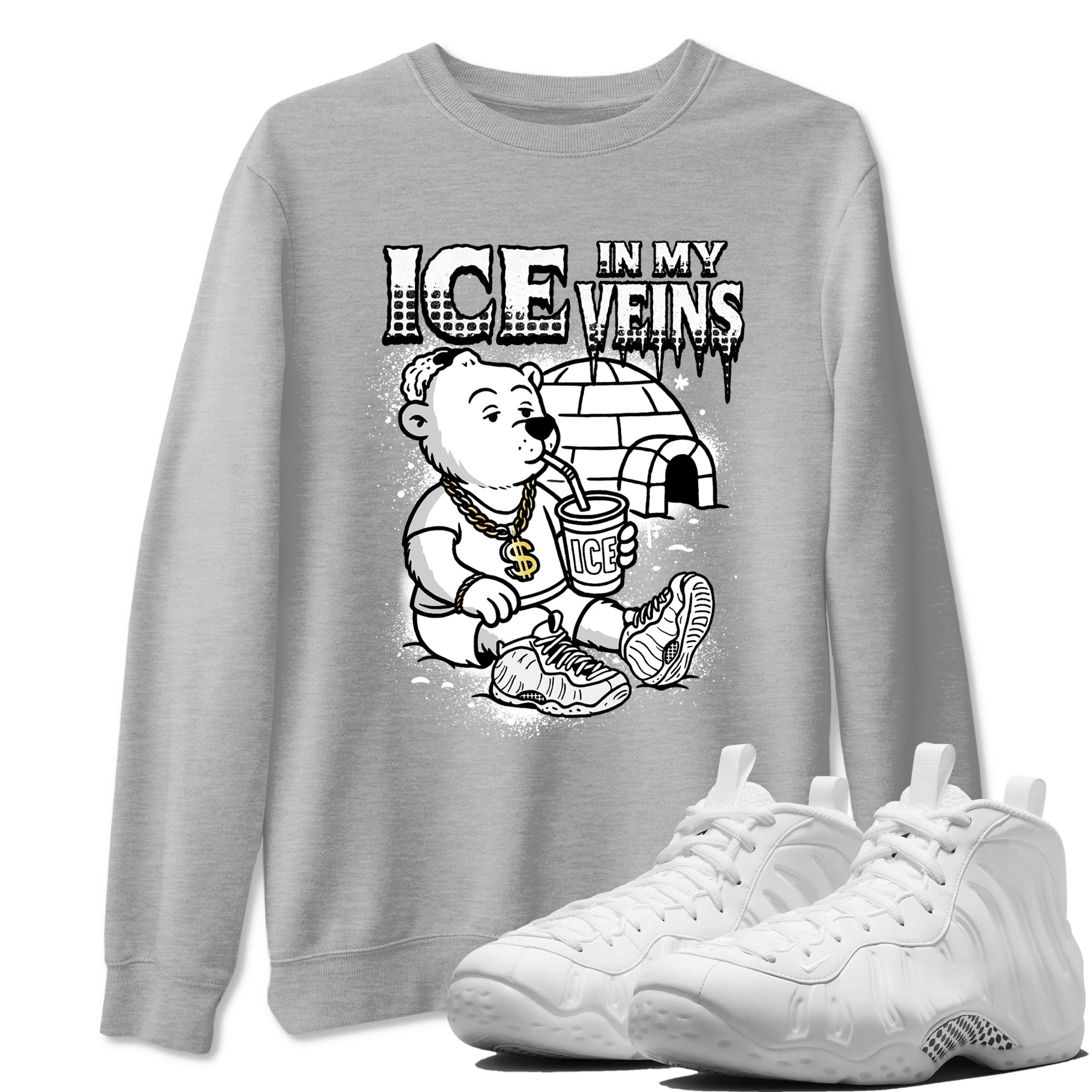 Ice In My Veins sneaker match t-shirt styled to complete your fit with the Air Foamposite One Triple White sneakers, graphic shirts in Heather Grey 1.