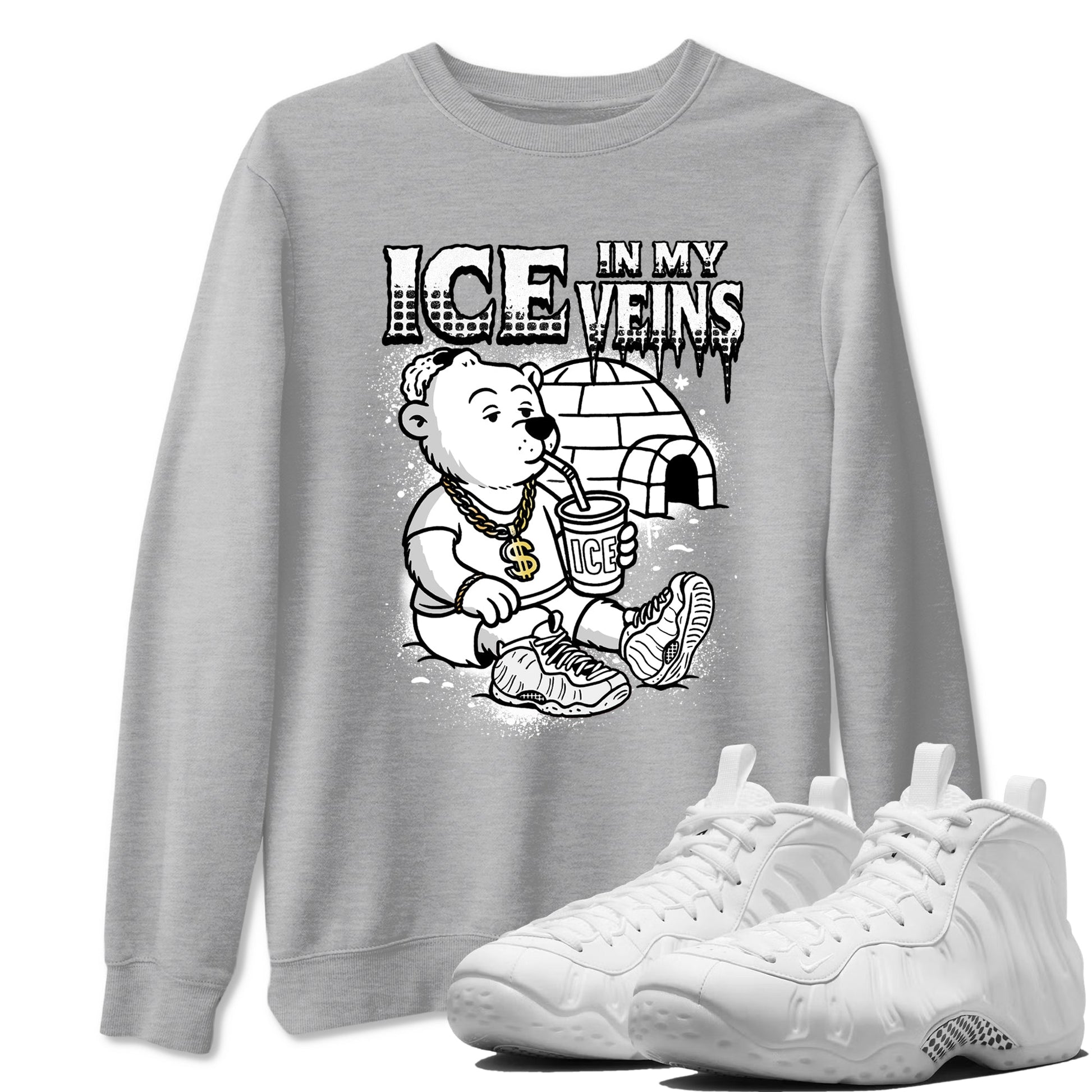Ice In My Veins sneaker match t-shirt styled to complete your fit with the Air Foamposite One Triple White sneakers, graphic shirts in Heather Grey 1.
