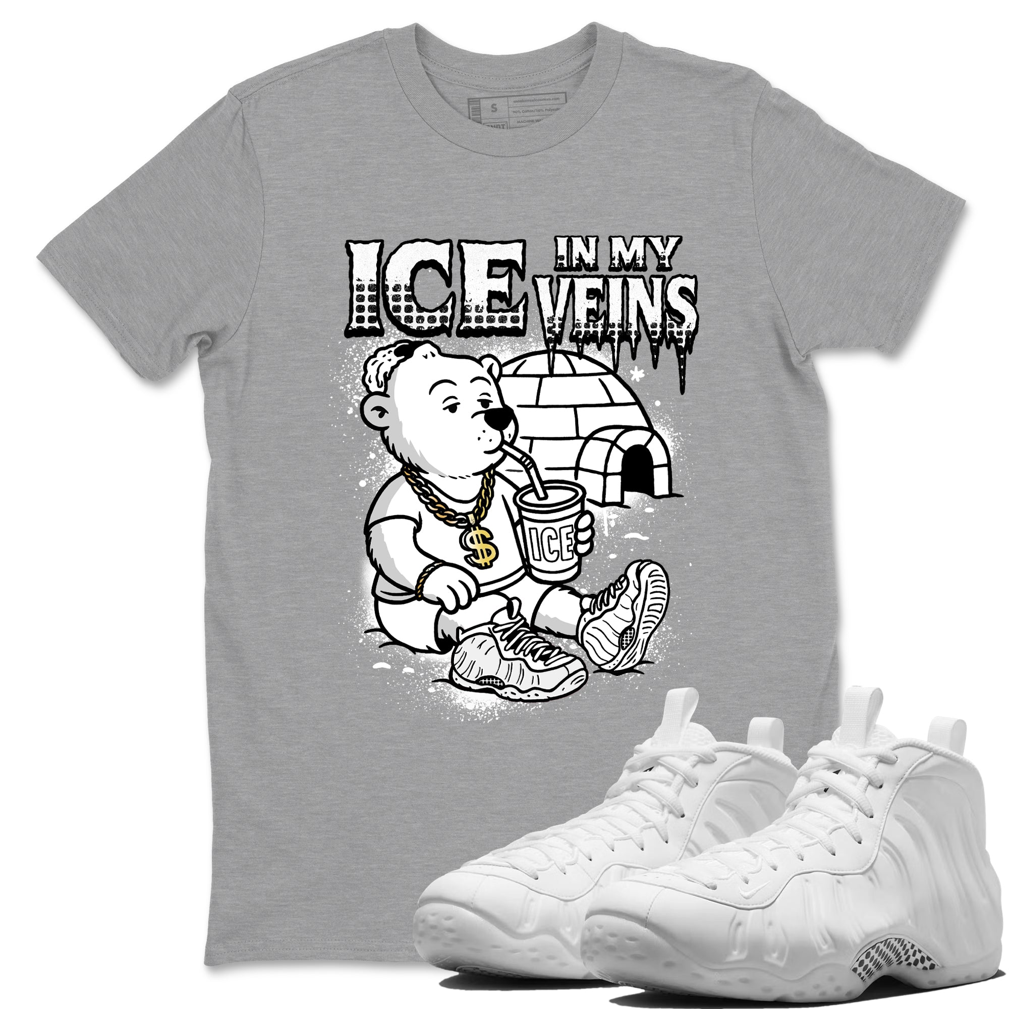 Ice In My Veins sneaker match t-shirt styled to complete your fit with the Air Foamposite One Triple White sneakers, graphic shirts in Heather Grey 1.