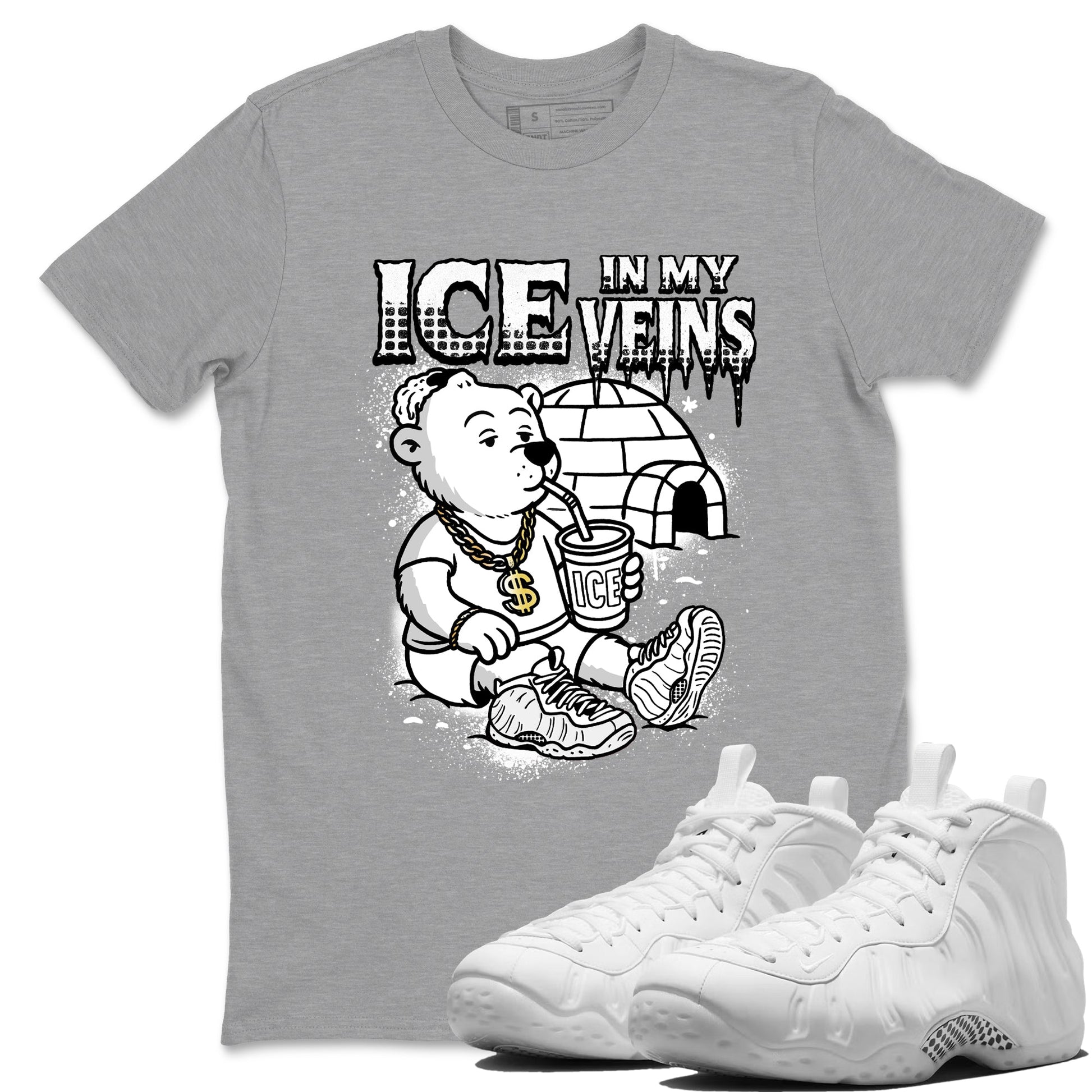 Ice In My Veins sneaker match t-shirt styled to complete your fit with the Air Foamposite One Triple White sneakers, graphic shirts in Heather Grey 1.