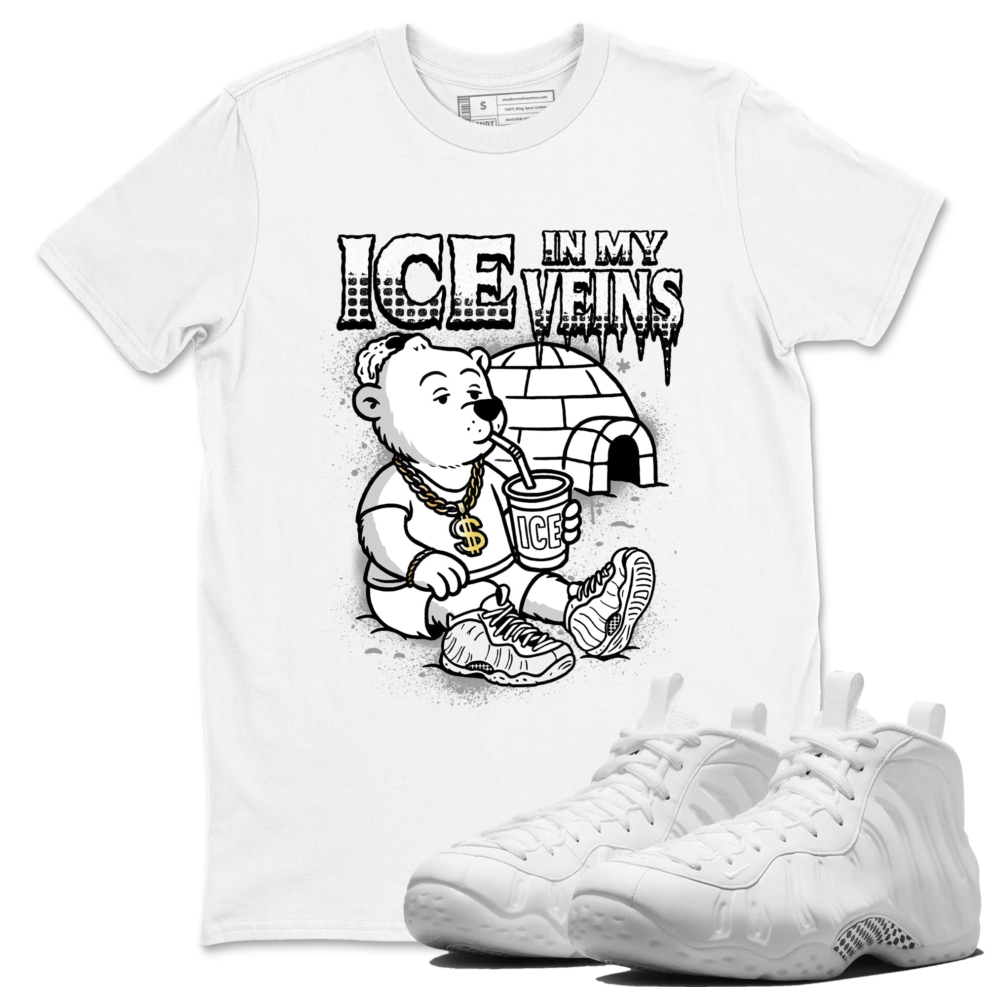 Ice In My Veins sneaker match t-shirt styled to complete your fit with the Air Foamposite One Triple White sneakers, graphic shirts in White 1.
