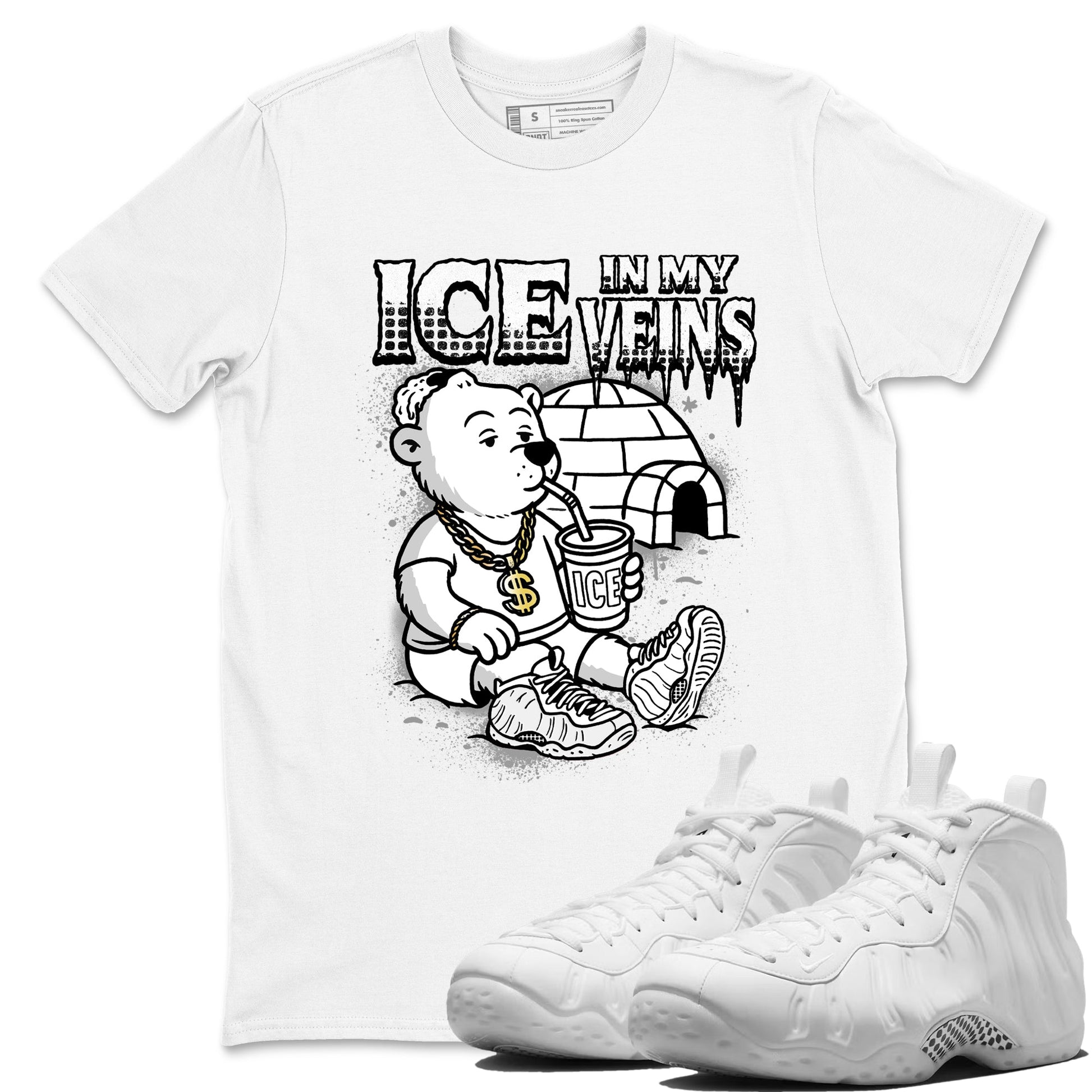 Ice In My Veins sneaker match t-shirt styled to complete your fit with the Air Foamposite One Triple White sneakers, graphic shirts in White 1.