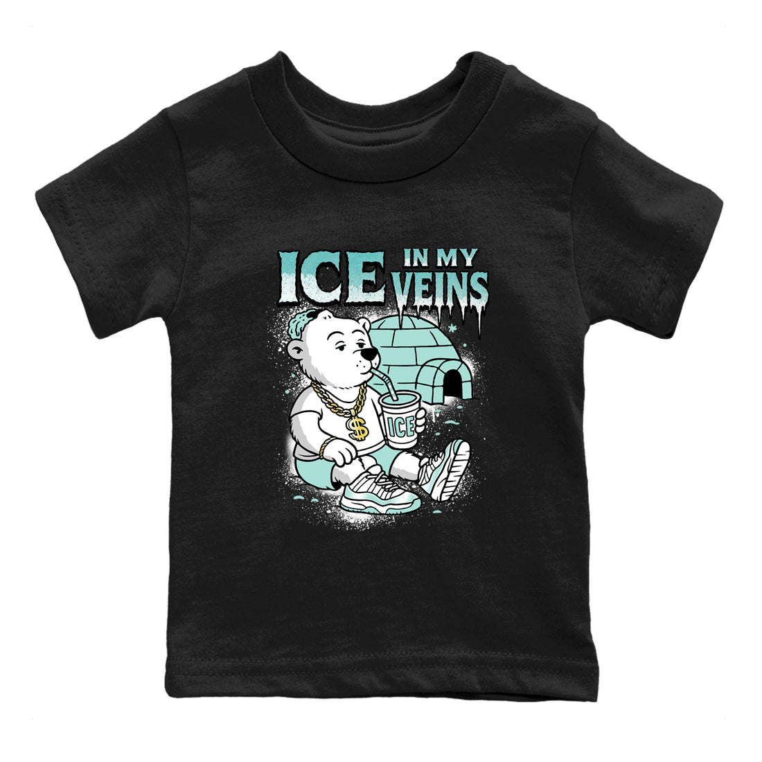 Ice In My Veins baby and kids t-shirt crafted for little sneakerheads to shine with the Air Jordan 11 Igloo sneakers, displayed in Black 2.