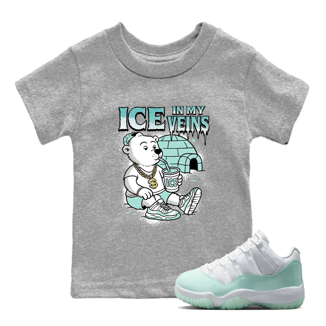 Ice In My Veins baby and kids t-shirt crafted for little sneakerheads to shine with the Air Jordan 11 Igloo sneakers, displayed in Heather Grey 1.