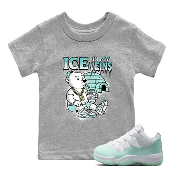 Ice In My Veins baby and kids t-shirt crafted for little sneakerheads to shine with the Air Jordan 11 Igloo sneakers, displayed in Heather Grey 1.