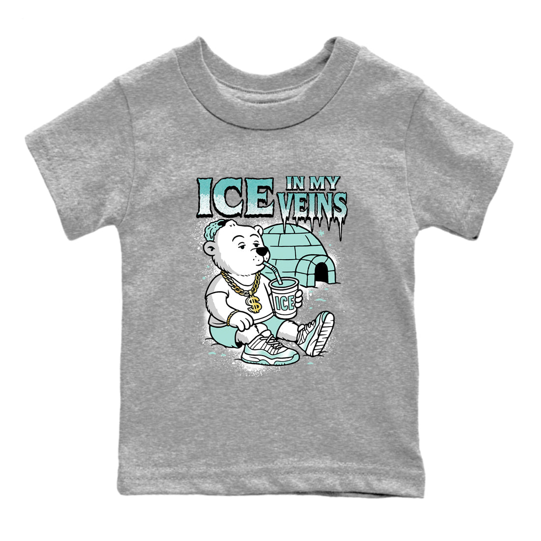 Ice In My Veins baby and kids t-shirt crafted for little sneakerheads to shine with the Air Jordan 11 Igloo sneakers, displayed in Heather Grey 2.