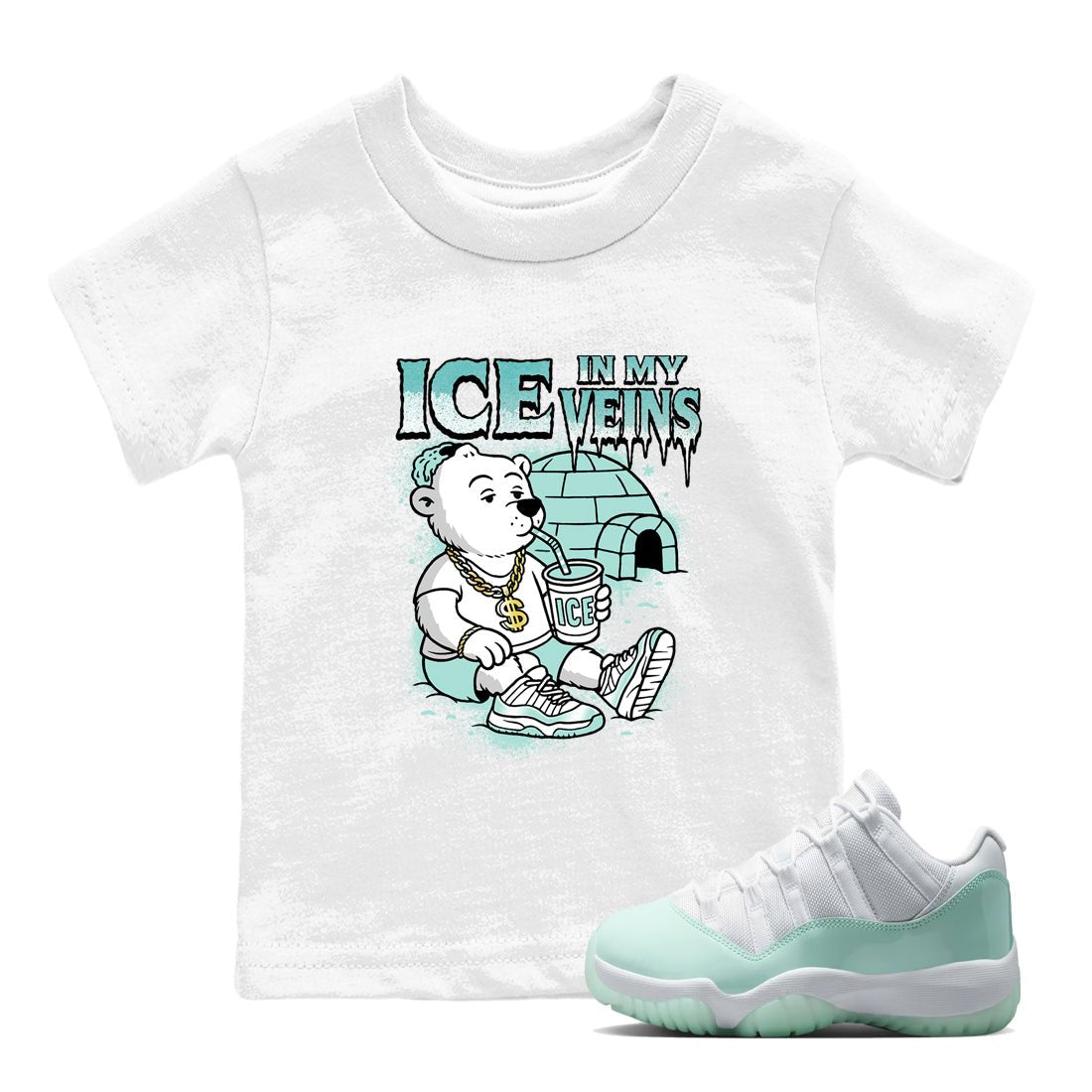 Ice In My Veins baby and kids t-shirt crafted for little sneakerheads to shine with the Air Jordan 11 Igloo sneakers, displayed in White 1.