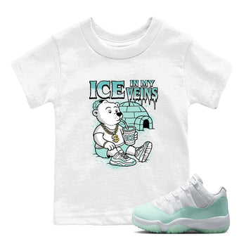Ice In My Veins baby and kids t-shirt crafted for little sneakerheads to shine with the Air Jordan 11 Igloo sneakers, displayed in White 1.