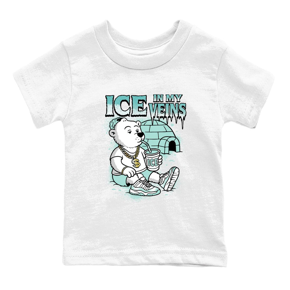 Ice In My Veins baby and kids t-shirt crafted for little sneakerheads to shine with the Air Jordan 11 Igloo sneakers, displayed in White 2.