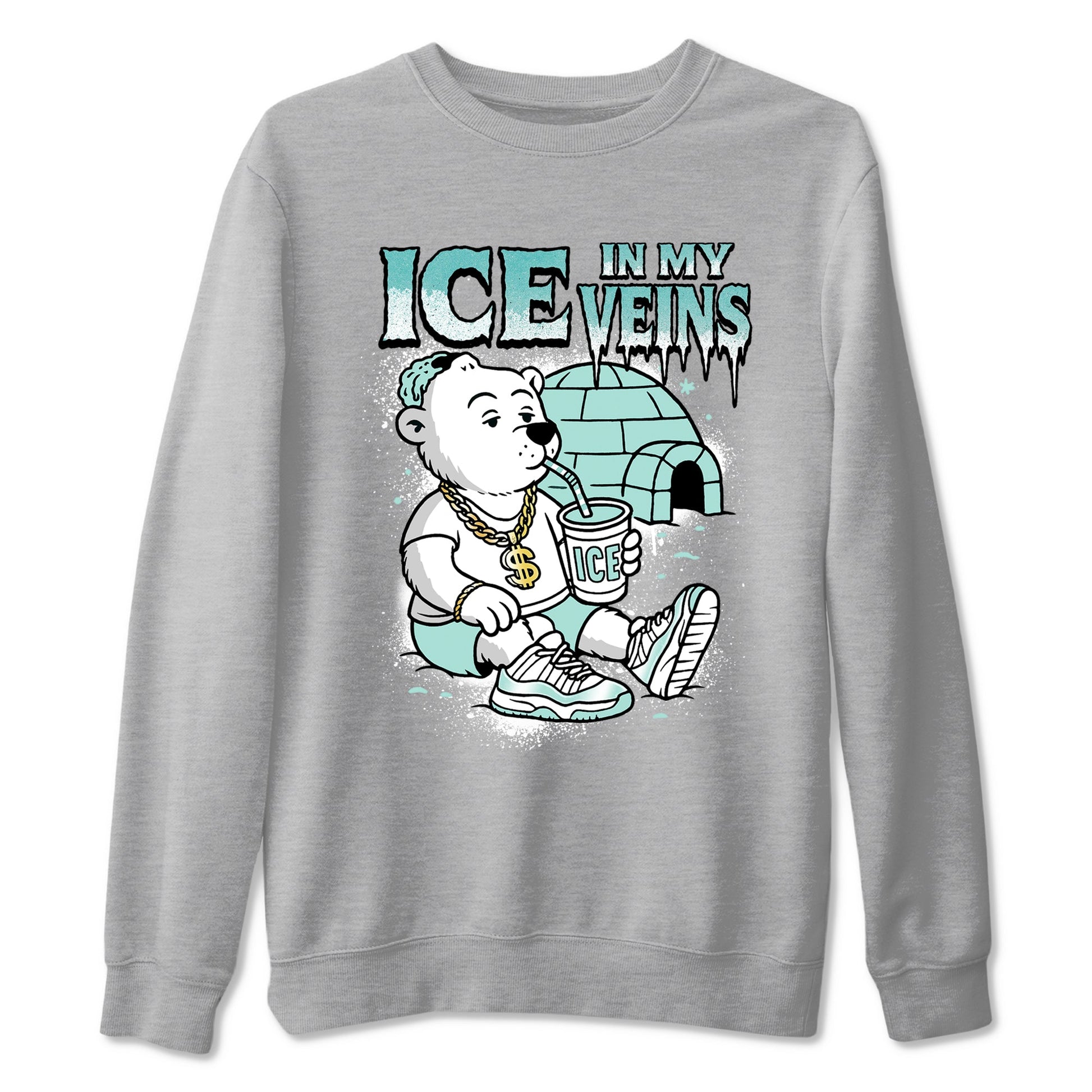 Ice In My Veins sneaker match t-shirt styled to complete your fit with the Air Jordan 11 Igloo sneakers, shown in Heather Grey 2.